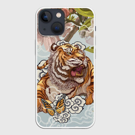 Чехол для iPhone 13 mini с принтом Тигр в облаках в Кировске,  |  | бабочка | восточные мотивы | нежность | облака | сакура | тигр | хищник | цветы