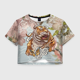 Женская футболка Crop-top 3D с принтом Тигр в облаках в Кировске, 100% полиэстер | круглая горловина, длина футболки до линии талии, рукава с отворотами | бабочка | восточные мотивы | нежность | облака | сакура | тигр | хищник | цветы