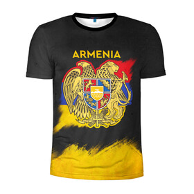 Мужская футболка 3D спортивная с принтом Yellow and Black Armenia в Кировске, 100% полиэстер с улучшенными характеристиками | приталенный силуэт, круглая горловина, широкие плечи, сужается к линии бедра | armenia | logo | армения | армян | армяни | герб | лев и орел | лого | символ | флаг | флаг и герб армении