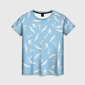 Женская футболка 3D с принтом Чайки в небе паттерн в Кировске, 100% полиэфир ( синтетическое хлопкоподобное полотно) | прямой крой, круглый вырез горловины, длина до линии бедер | акварель | голубое небо | иллюстрация | паттерн | птицы | рисунок | чайка | чайки | чайки в небе