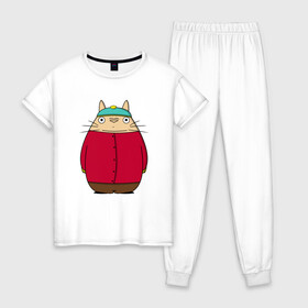 Женская пижама хлопок с принтом Totoro Cartman в Кировске, 100% хлопок | брюки и футболка прямого кроя, без карманов, на брюках мягкая резинка на поясе и по низу штанин | ghibli | japan | nature | neigbor | neighbour | totoro | анимация | аниме | гибли | друг | животные | лес | милый | мир | миядзаки | мой сосед тоторо | мульт | мультфильм | природа | сосед | тоторо | хаяо | хранитель | япония