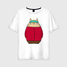 Женская футболка хлопок Oversize с принтом Totoro Cartman в Кировске, 100% хлопок | свободный крой, круглый ворот, спущенный рукав, длина до линии бедер
 | ghibli | japan | nature | neigbor | neighbour | totoro | анимация | аниме | гибли | друг | животные | лес | милый | мир | миядзаки | мой сосед тоторо | мульт | мультфильм | природа | сосед | тоторо | хаяо | хранитель | япония