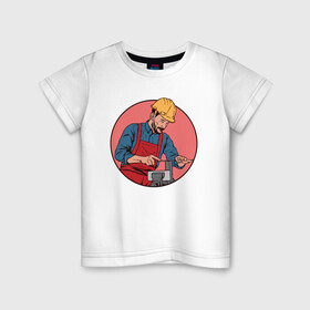 Детская футболка хлопок с принтом Строитель в Кировске, 100% хлопок | круглый вырез горловины, полуприлегающий силуэт, длина до линии бедер | иллюстрация | каска | работник | рабочий | строика | фартук