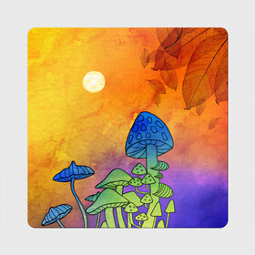 Магнит виниловый Квадрат с принтом Заколдованный лес в Кировске, полимерный материал с магнитным слоем | размер 9*9 см, закругленные углы | Тематика изображения на принте: акварель | глитч грибы | грибы | грибы нарисованные карандашом | листва | необычный лес | цветные грибы