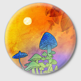 Значок с принтом Заколдованный лес в Кировске,  металл | круглая форма, металлическая застежка в виде булавки | Тематика изображения на принте: акварель | глитч грибы | грибы | грибы нарисованные карандашом | листва | необычный лес | цветные грибы