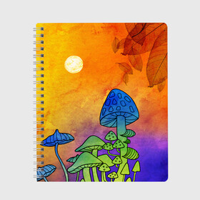 Тетрадь с принтом Заколдованный лес в Кировске, 100% бумага | 48 листов, плотность листов — 60 г/м2, плотность картонной обложки — 250 г/м2. Листы скреплены сбоку удобной пружинной спиралью. Уголки страниц и обложки скругленные. Цвет линий — светло-серый
 | Тематика изображения на принте: акварель | глитч грибы | грибы | грибы нарисованные карандашом | листва | необычный лес | цветные грибы