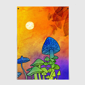 Постер с принтом Заколдованный лес в Кировске, 100% бумага
 | бумага, плотность 150 мг. Матовая, но за счет высокого коэффициента гладкости имеет небольшой блеск и дает на свету блики, но в отличии от глянцевой бумаги не покрыта лаком | акварель | глитч грибы | грибы | грибы нарисованные карандашом | листва | необычный лес | цветные грибы
