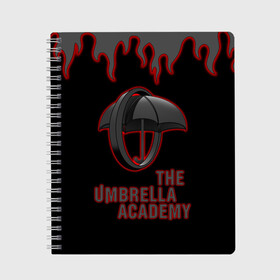 Тетрадь с принтом The Umbrella Academy | Академи в Кировске, 100% бумага | 48 листов, плотность листов — 60 г/м2, плотность картонной обложки — 250 г/м2. Листы скреплены сбоку удобной пружинной спиралью. Уголки страниц и обложки скругленные. Цвет линий — светло-серый
 | dark horse comics | the umbrella academy | umbrella | академия амбрелла | комикс | комильфо