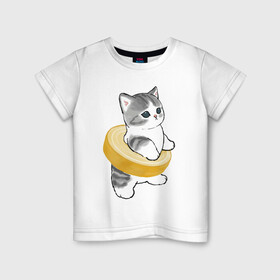 Детская футболка хлопок с принтом Котёнок в бублике в Кировске, 100% хлопок | круглый вырез горловины, полуприлегающий силуэт, длина до линии бедер | арт | бублик | кот | котёнок | кошка | милая кошка | милый кот | милый котёнок | пончик | рисунок