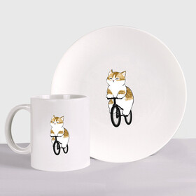 Набор: тарелка + кружка с принтом Котик на велосипеде в Кировске, керамика | Кружка: объем — 330 мл, диаметр — 80 мм. Принт наносится на бока кружки, можно сделать два разных изображения. 
Тарелка: диаметр - 210 мм, диаметр для нанесения принта - 120 мм. | арт | велосипед | ветер | кот | котёнок | кошка | милая кошка | милый кот | милый котёнок | отдых | отдыхает | пончик | рисунок