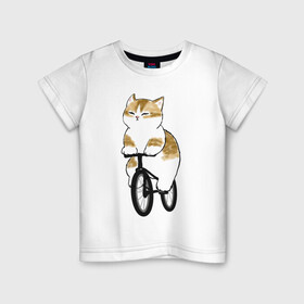 Детская футболка хлопок с принтом Котик на велосипеде в Кировске, 100% хлопок | круглый вырез горловины, полуприлегающий силуэт, длина до линии бедер | арт | велосипед | ветер | кот | котёнок | кошка | милая кошка | милый кот | милый котёнок | отдых | отдыхает | пончик | рисунок