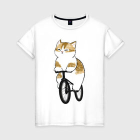 Женская футболка хлопок с принтом Котик на велосипеде в Кировске, 100% хлопок | прямой крой, круглый вырез горловины, длина до линии бедер, слегка спущенное плечо | арт | велосипед | ветер | кот | котёнок | кошка | милая кошка | милый кот | милый котёнок | отдых | отдыхает | пончик | рисунок