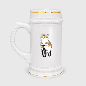 Кружка пивная с принтом Котик на велосипеде в Кировске,  керамика (Материал выдерживает высокую температуру, стоит избегать резкого перепада температур) |  объем 630 мл | Тематика изображения на принте: арт | велосипед | ветер | кот | котёнок | кошка | милая кошка | милый кот | милый котёнок | отдых | отдыхает | пончик | рисунок