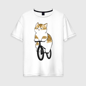 Женская футболка хлопок Oversize с принтом Котик на велосипеде в Кировске, 100% хлопок | свободный крой, круглый ворот, спущенный рукав, длина до линии бедер
 | арт | велосипед | ветер | кот | котёнок | кошка | милая кошка | милый кот | милый котёнок | отдых | отдыхает | пончик | рисунок