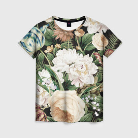 Женская футболка 3D с принтом Винтажные цветы в Кировске, 100% полиэфир ( синтетическое хлопкоподобное полотно) | прямой крой, круглый вырез горловины, длина до линии бедер | букет | винтажный стиль | для девушек | цветы
