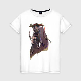 Женская футболка хлопок с принтом Скарамучча в Кировске, 100% хлопок | прямой крой, круглый вырез горловины, длина до линии бедер, слегка спущенное плечо | арт | баал | инадзума | милый парень | рисунок | скарамучча | фатуи