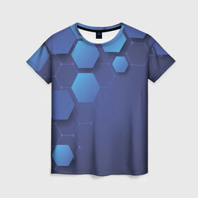 Женская футболка 3D с принтом Шестиугольники в Кировске, 100% полиэфир ( синтетическое хлопкоподобное полотно) | прямой крой, круглый вырез горловины, длина до линии бедер | геометрические фигуры | геометрия | линии | ромбы | синий фон | фигуры