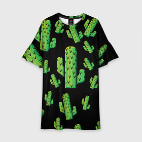 Детское платье 3D с принтом Cactus Time - Веселые кактусы в Кировске, 100% полиэстер | прямой силуэт, чуть расширенный к низу. Круглая горловина, на рукавах — воланы | Тематика изображения на принте: cactus time | веселый | зеленый | кактусы | милый