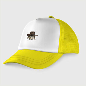 Детская кепка тракер с принтом Дождевая лягушка в шляпе в Кировске, Козырек - 100% хлопок. Кепка - 100% полиэстер, Задняя часть - сетка | универсальный размер, пластиковая застёжка | cowboy | cowboy hat | desert rain frog | howdy meme | meme | дождевая лягушка | иллюстрация | ковбой | ковбойская шляпа | лягуха | мемы | настроение | недовольное лицо | прикольные картинки | рисунок | сердитая лягушка