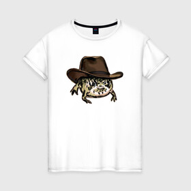 Женская футболка хлопок с принтом Дождевая лягушка в шляпе в Кировске, 100% хлопок | прямой крой, круглый вырез горловины, длина до линии бедер, слегка спущенное плечо | cowboy | cowboy hat | desert rain frog | howdy meme | meme | дождевая лягушка | иллюстрация | ковбой | ковбойская шляпа | лягуха | мемы | настроение | недовольное лицо | прикольные картинки | рисунок | сердитая лягушка