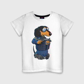 Детская футболка хлопок с принтом Опасная такса в Кировске, 100% хлопок | круглый вырез горловины, полуприлегающий силуэт, длина до линии бедер | автомат | арт | животное | зверь | оружие | пёс | рисунок | собака | спецназ | такса | человекоподобный