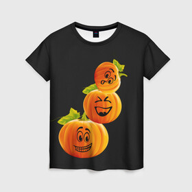 Женская футболка 3D с принтом Хэллоуин смешные тыквы в Кировске, 100% полиэфир ( синтетическое хлопкоподобное полотно) | прямой крой, круглый вырез горловины, длина до линии бедер | день всех святых | забавные рожицы | карнавал | праздник | смешные | тыквы | хэллоуин