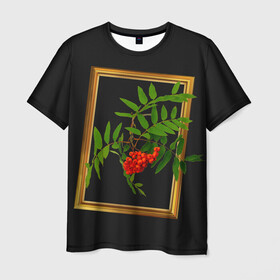 Мужская футболка 3D с принтом ягоды рябины в золотой раме в Кировске, 100% полиэфир | прямой крой, круглый вырез горловины, длина до линии бедер | 3 сентября | костры рябин | осень | рябина | черный фон | ягоды