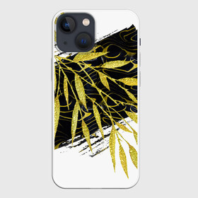 Чехол для iPhone 13 mini с принтом Абстракция с золотыми листьями в Кировске,  |  | абстрактный | абстракция | белый | графика | золотистый | золото | золотой | крупная | крупный | листва | листики | листья | мазки | черный