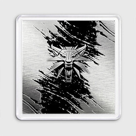 Магнит 55*55 с принтом THE WITCHER LOGO STEEL  в Кировске, Пластик | Размер: 65*65 мм; Размер печати: 55*55 мм | the witcher | ведьмак | железо | зе витчер | игра | компьютерная игра | лого | логотип | сталь
