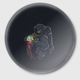 Значок с принтом Космическая медуза в Кировске,  металл | круглая форма, металлическая застежка в виде булавки | space | галактика | иллюстрация | космонавт | медуза