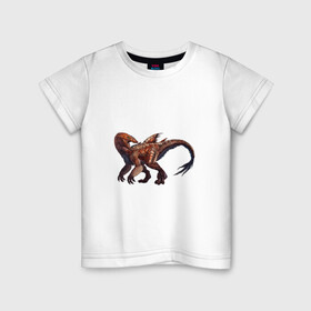Детская футболка хлопок с принтом Сегнозавр в Кировске, 100% хлопок | круглый вырез горловины, полуприлегающий силуэт, длина до линии бедер | арт | динозавр | динозавр с перьями | доисторические | красный | красный динозавр | крылья | перья | рисунок | сегнозавр | теризинозавр | хищник