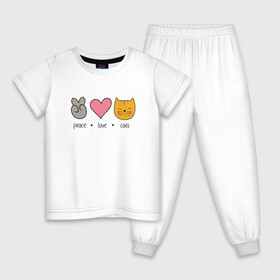 Детская пижама хлопок с принтом PEACE LOVE CATS (Z) в Кировске, 100% хлопок |  брюки и футболка прямого кроя, без карманов, на брюках мягкая резинка на поясе и по низу штанин
 | Тематика изображения на принте: cat | cats | love | lovers | peace | кот | коты | любить | любовь | мир | хипи | хиппи
