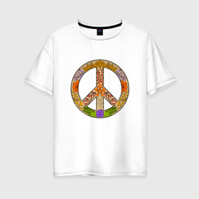 Женская футболка хлопок Oversize с принтом PEACE | FLOWERS (Z) в Кировске, 100% хлопок | свободный крой, круглый ворот, спущенный рукав, длина до линии бедер
 | Тематика изображения на принте: bloom | blossom | floret | flowers | hippies | peace | знак | любовь | мир | символ | хиппи | цветы