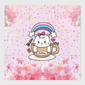 Магнитный плакат 3Х3 с принтом Милая кошечка в чашке кофе в Кировске, Полимерный материал с магнитным слоем | 9 деталей размером 9*9 см | кот | котик | котята | кофе | кошечка | кошка | радуга | чашка кофе