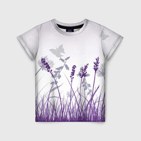 Детская футболка 3D с принтом Фиолетовое Поле в Кировске, 100% гипоаллергенный полиэфир | прямой крой, круглый вырез горловины, длина до линии бедер, чуть спущенное плечо, ткань немного тянется | бабочки | девочкам | девушкам | поле | популярное | топ | тренд | фиолетовый | цветочки