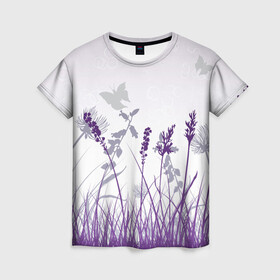 Женская футболка 3D с принтом Фиолетовое Поле в Кировске, 100% полиэфир ( синтетическое хлопкоподобное полотно) | прямой крой, круглый вырез горловины, длина до линии бедер | бабочки | девочкам | девушкам | поле | популярное | топ | тренд | фиолетовый | цветочки