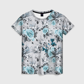 Женская футболка 3D с принтом Синие розы в Кировске, 100% полиэфир ( синтетическое хлопкоподобное полотно) | прямой крой, круглый вырез горловины, длина до линии бедер | букет | винтаж | для девочек | для девушек | паттерн | розы | цветочный фон | цветы