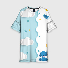 Детское платье 3D с принтом Слоник с Шариком в Кировске, 100% полиэстер | прямой силуэт, чуть расширенный к низу. Круглая горловина, на рукавах — воланы | детская | детям | для детей | картинки | малышам | малышу | облако | пижама | пижамка | слон | слоник | шарик