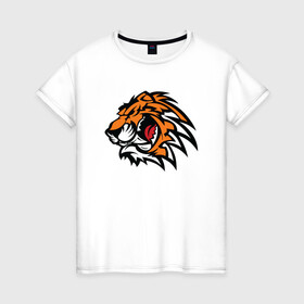 Женская футболка хлопок с принтом Злой Тигр в Кировске, 100% хлопок | прямой крой, круглый вырез горловины, длина до линии бедер, слегка спущенное плечо | 2022 | animal | cat | lion | tiger | год тигра | животные | зубы | кот | кошка | лев | охотник | полосатый | природа | тигр | тигренок | тигрица | хищник