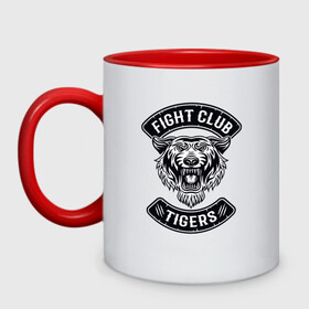 Кружка двухцветная с принтом Fight Club Tigers в Кировске, керамика | объем — 330 мл, диаметр — 80 мм. Цветная ручка и кайма сверху, в некоторых цветах — вся внутренняя часть | Тематика изображения на принте: 2022 | animal | cat | fight club | lion | mma | tiger | ufc | боец | год тигра | единоборства | животные | зверь | зубы | кот | кошка | лев | охотник | полосатый | природа | спорт | тигр | тигренок | тигрица | хищник