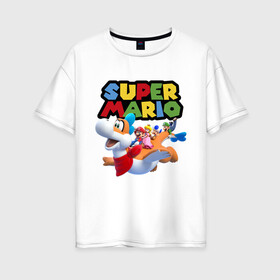 Женская футболка хлопок Oversize с принтом Super Mario убойная компания в Кировске, 100% хлопок | свободный крой, круглый ворот, спущенный рукав, длина до линии бедер
 | company | dinosaur | flight | luigi | mushroom | nintendo | party | super mario | video game | вечеринка | видеоигра | гриб | динозавр | йоши | компания | луиджи | нинтендо | полёт | супер марио