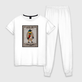 Женская пижама хлопок с принтом Бог кроссфита. Анубис в Кировске, 100% хлопок | брюки и футболка прямого кроя, без карманов, на брюках мягкая резинка на поясе и по низу штанин | анубис | гири | древний египет | кроссфит | спорт | фитнес