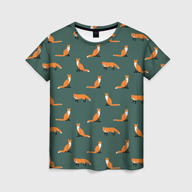 Женская футболка 3D с принтом Лисы паттерн в Кировске, 100% полиэфир ( синтетическое хлопкоподобное полотно) | прямой крой, круглый вырез горловины, длина до линии бедер | животные | звери | зеленый цвет | лесные животные | лиса | лисы | оранжевый | паттерн | рыжий