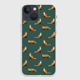 Чехол для iPhone 13 mini с принтом Лисы паттерн в Кировске,  |  | животные | звери | зеленый цвет | лесные животные | лиса | лисы | оранжевый | паттерн | рыжий