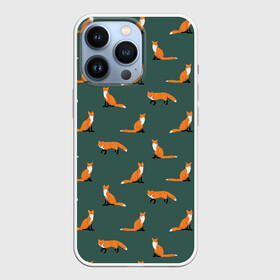 Чехол для iPhone 13 Pro с принтом Лисы паттерн в Кировске,  |  | животные | звери | зеленый цвет | лесные животные | лиса | лисы | оранжевый | паттерн | рыжий