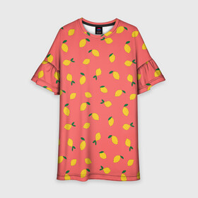 Детское платье 3D с принтом Лимоны на кораловом в Кировске, 100% полиэстер | прямой силуэт, чуть расширенный к низу. Круглая горловина, на рукавах — воланы | Тематика изображения на принте: еда | кораловый цвет | лимонный | лимоны | минималистичный | оранжевый | паттерн | упорядоченный паттерн | цитрусовые