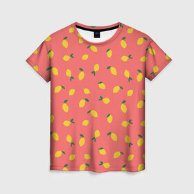 Женская футболка 3D с принтом Лимоны на кораловом в Кировске, 100% полиэфир ( синтетическое хлопкоподобное полотно) | прямой крой, круглый вырез горловины, длина до линии бедер | еда | кораловый цвет | лимонный | лимоны | минималистичный | оранжевый | паттерн | упорядоченный паттерн | цитрусовые