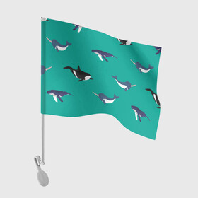 Флаг для автомобиля с принтом Нарвал, киты, касатка паттерн в Кировске, 100% полиэстер | Размер: 30*21 см | изумрудно зеленый цвет | касатки | киты | морская фауна | морские животные | морские жители | нарвал | океан | паттерн