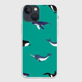 Чехол для iPhone 13 mini с принтом Нарвал, киты, касатка паттерн в Кировске,  |  | Тематика изображения на принте: изумрудно зеленый цвет | касатки | киты | морская фауна | морские животные | морские жители | нарвал | океан | паттерн
