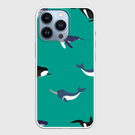 Чехол для iPhone 13 Pro с принтом Нарвал, киты, касатка паттерн в Кировске,  |  | Тематика изображения на принте: изумрудно зеленый цвет | касатки | киты | морская фауна | морские животные | морские жители | нарвал | океан | паттерн